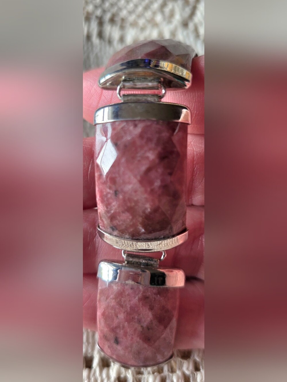 Vintage Sterling Silver Faceted Pink Rhodonite Statement Link Bracelet